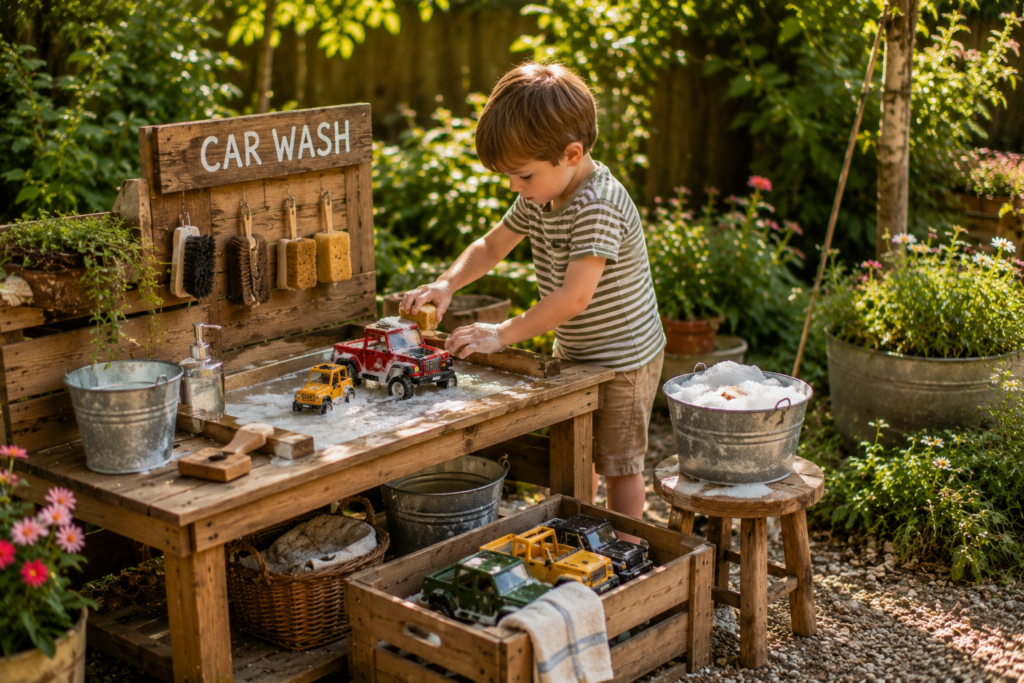 Little boy at a DIY car wash station