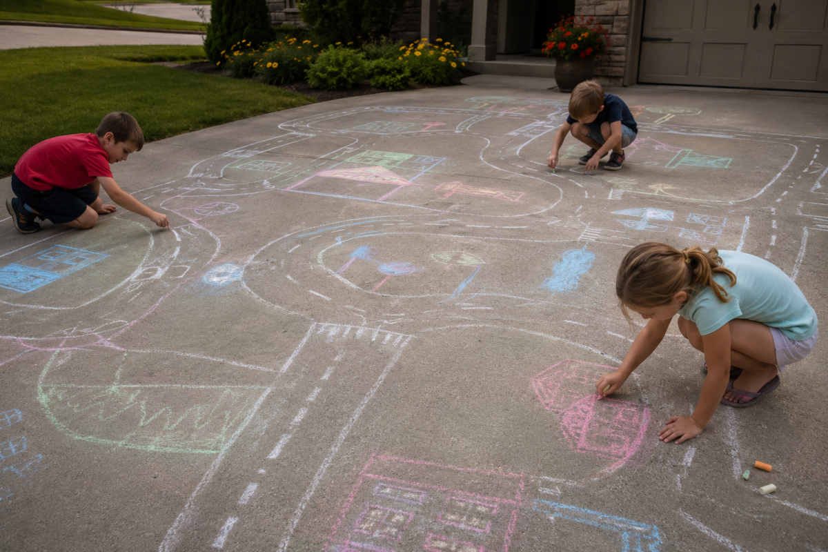 Three children drawing with chalk on a driveaway