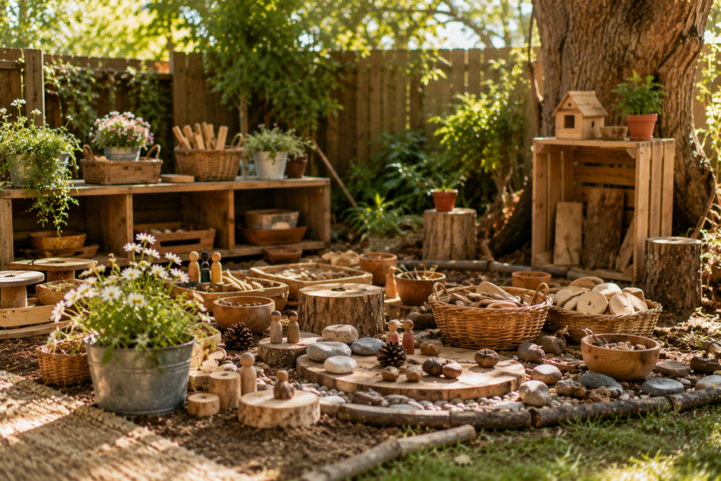 Loose parts nature play area in a garden
