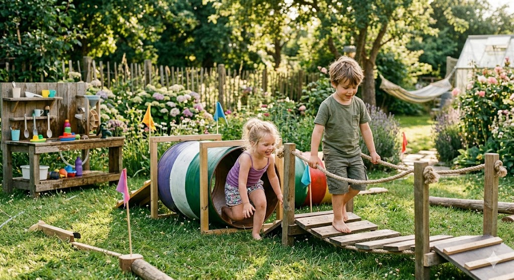 Boy and girl outdoors at a DIY obstacle course