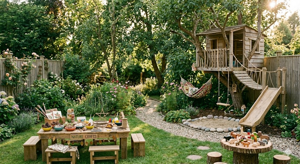 Beautiful DIY play space in a backyard