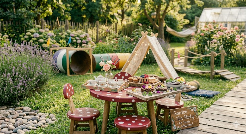 Garden tea party space in a beautiful garden