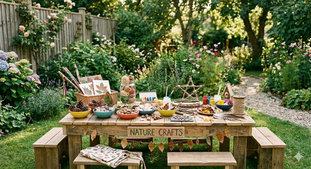 Nature craft table in a garden