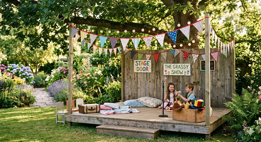 Two kids on a DIY backyard stage