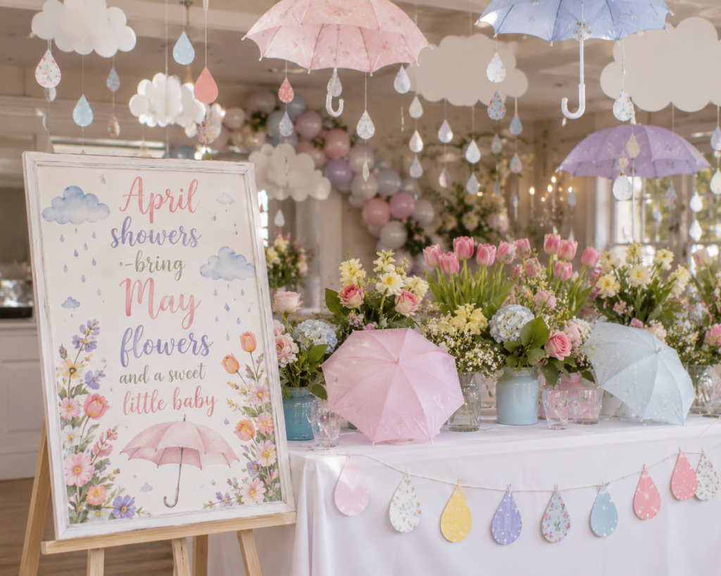 April showers bring May flowers baby shower themed table