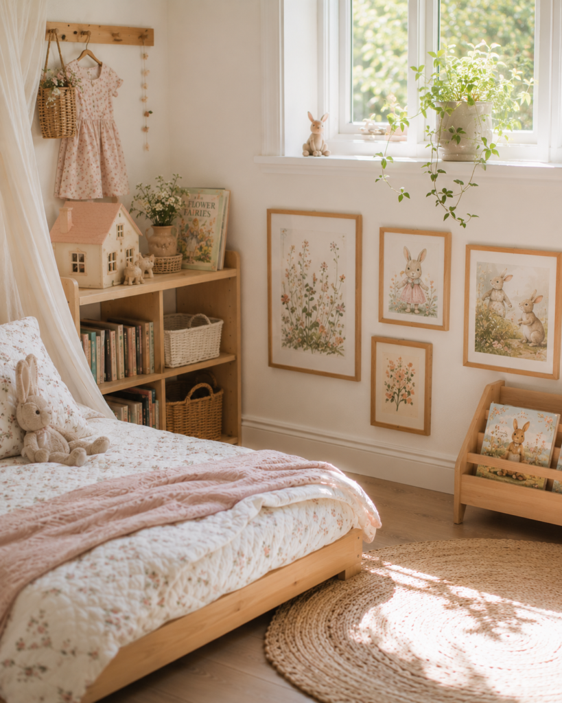 Girl's bedroom with pretty low-hanging art prints