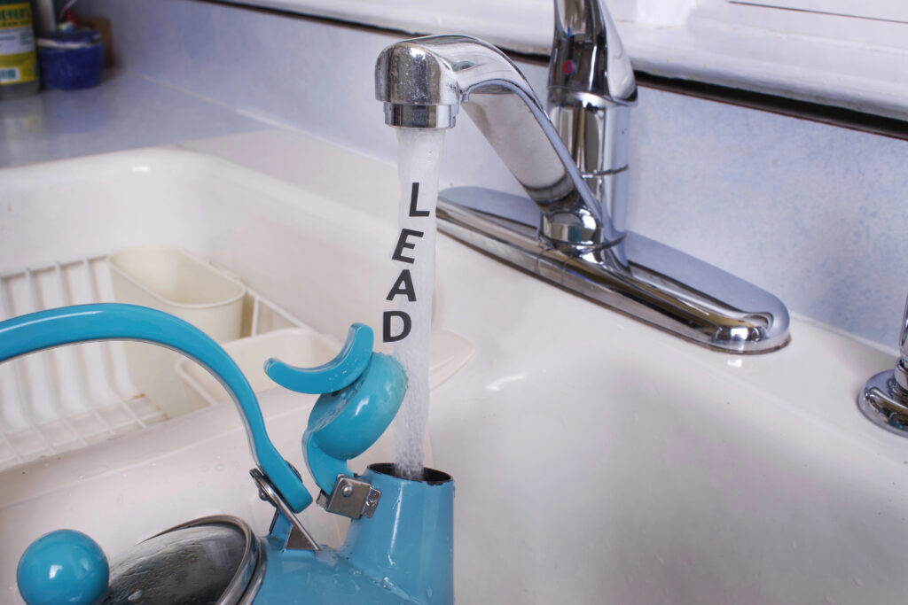 lead water filling up a kettle at a kitchen sink