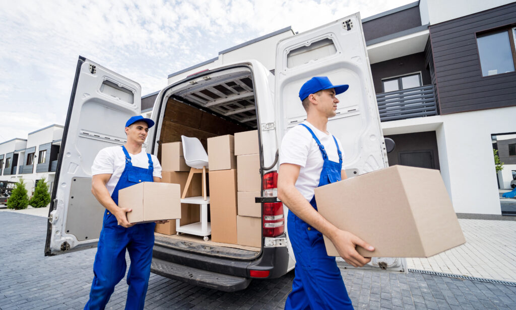 Moving company workers with boxes