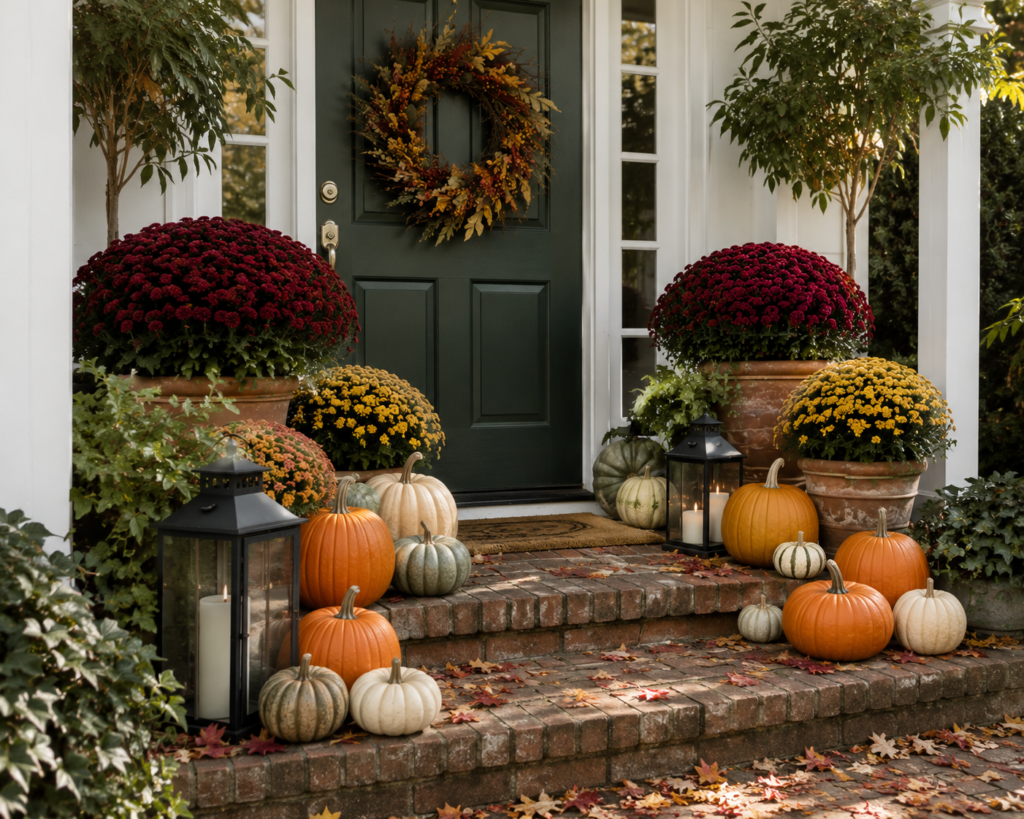 Fall front porch with a dark green door