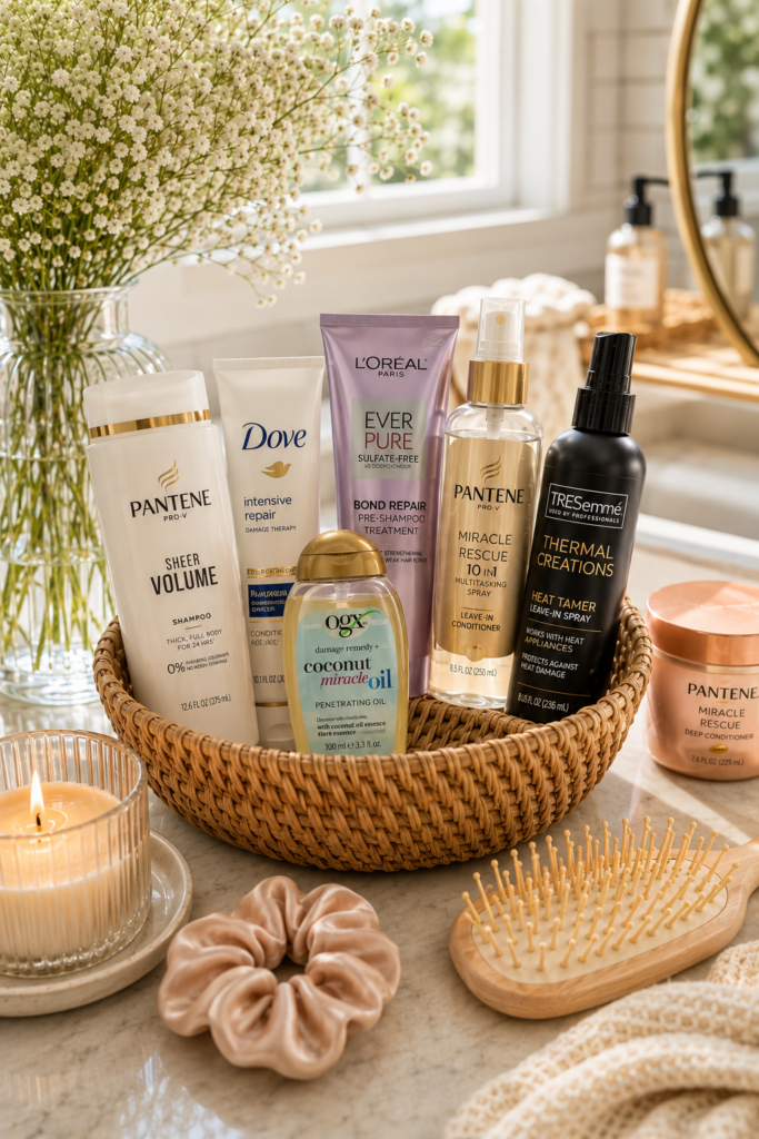 Hair care products in a basket