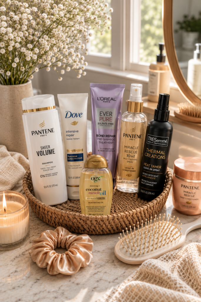 Hair care products in a basket
