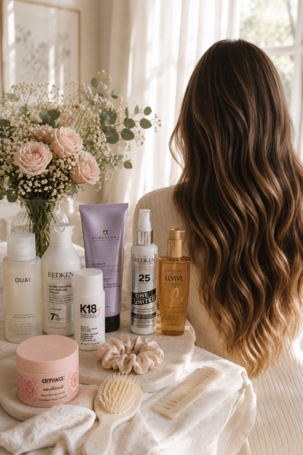Anon woman with long hair and hair care products
