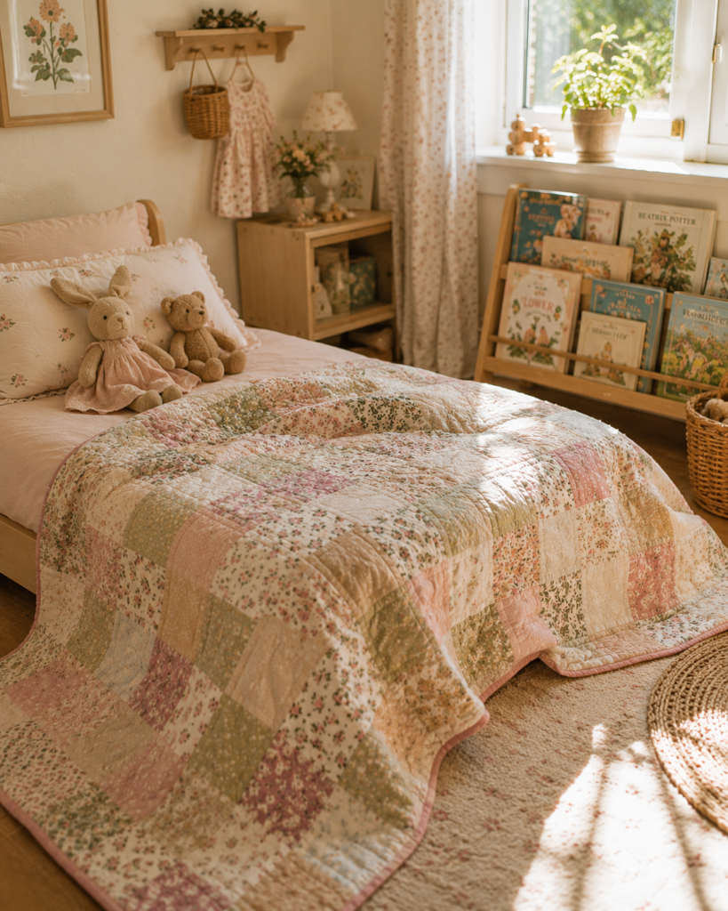 Handmade quilt on a little girl's bed