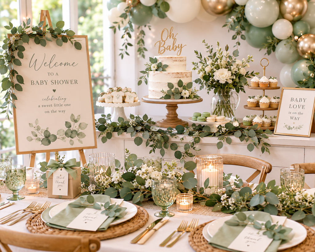 Sage green themed baby shower