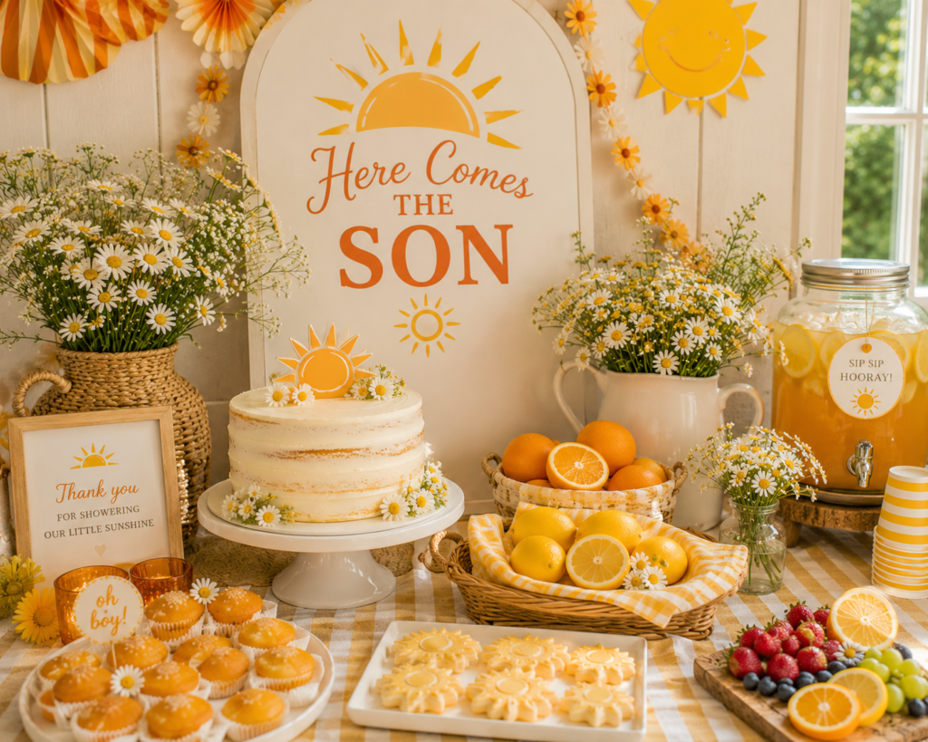 Here comes the son baby shower theme table display