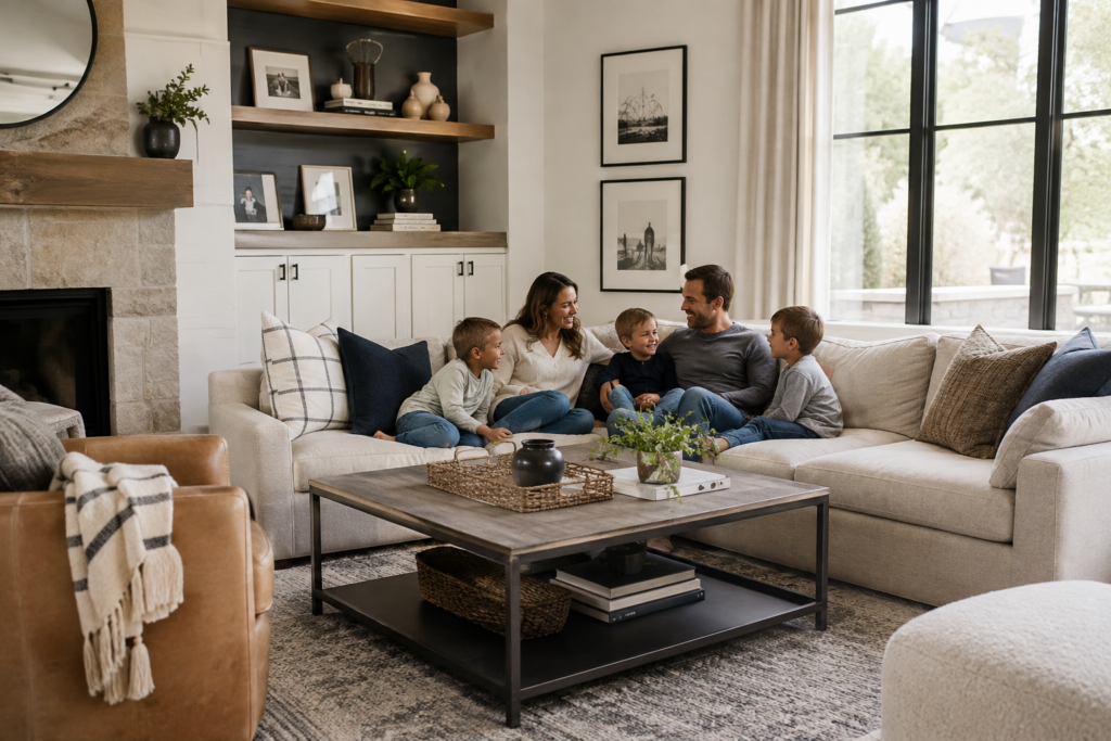 Family with three sons sitting in a beautiful living room