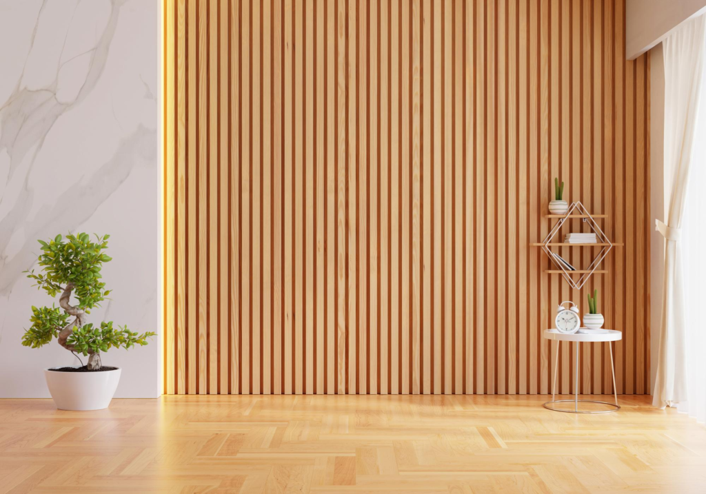 Slatted wooden wall