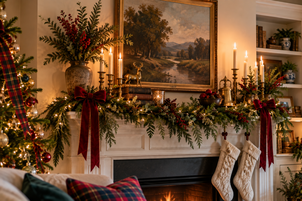 Christmas decor and artwork on a mantlepiece