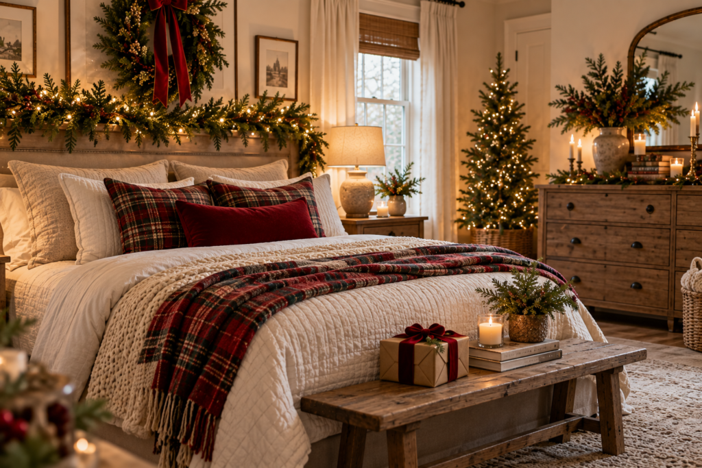 Pottery Barn inspired Christmas decor in a beautiful bedroom