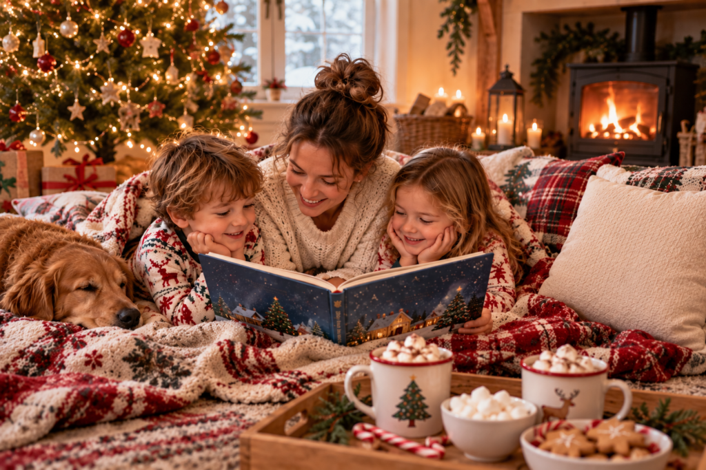 Children reading a Christmas book with their mother in a living room