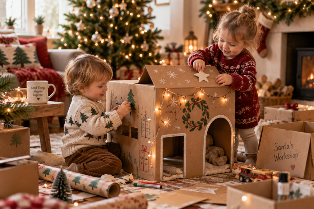 Two toddlers playing with cardboard boxes at Christmas time
