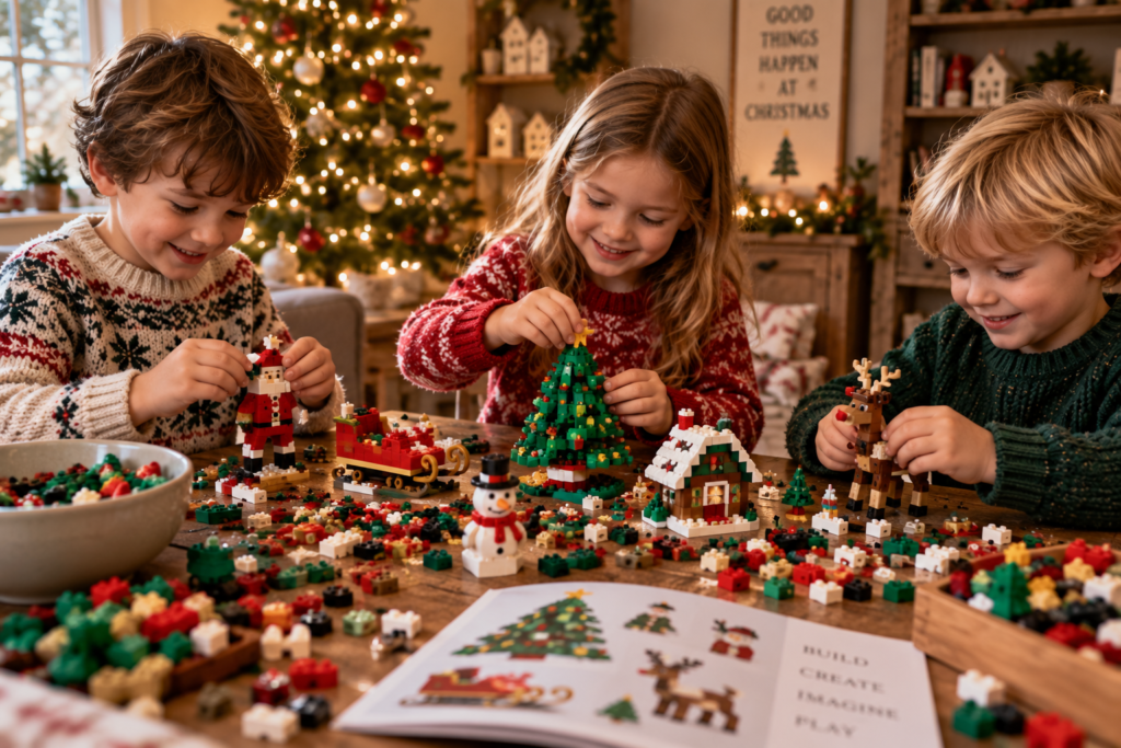 3 children building Christmas themed LEGO