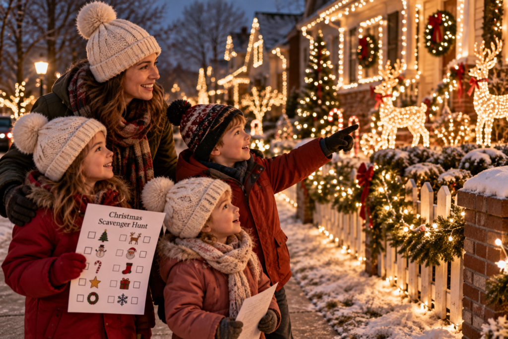Children and mother looking at outdoor Christmas lights