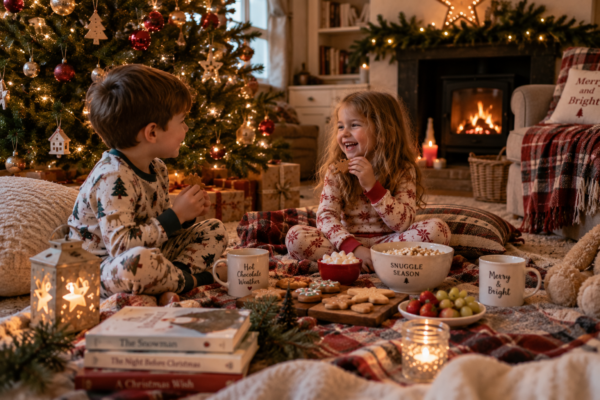 Boy and girl having a festive Christmas picnic by the Christmas tree in a living room
