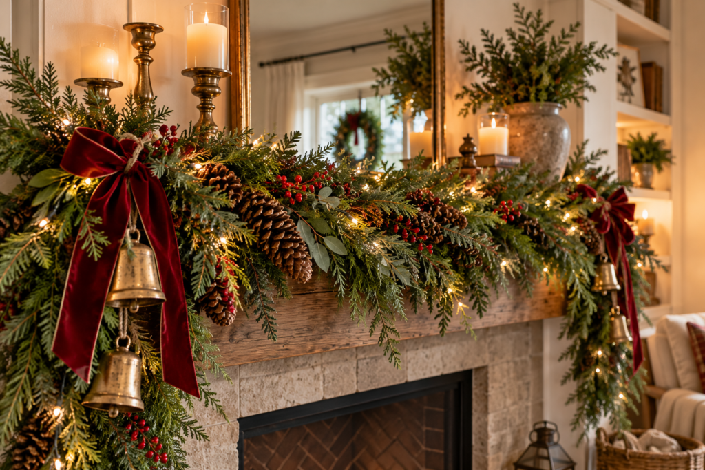 Christmas garland on a mantlepiece