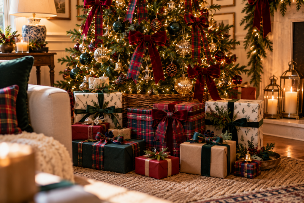 Christmas gifts wrapped in a Ralph Lauren-inspired Christmas decor style under a Christmas tree