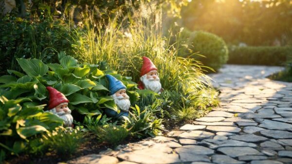 Garden gnomes in a sun-lit garden