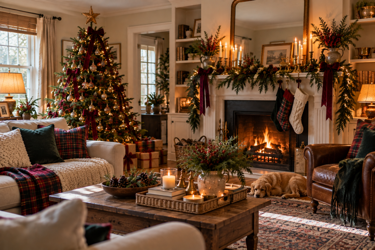 Beautiful living room decorated for Christmas in a Ralph Lauren-inspired style