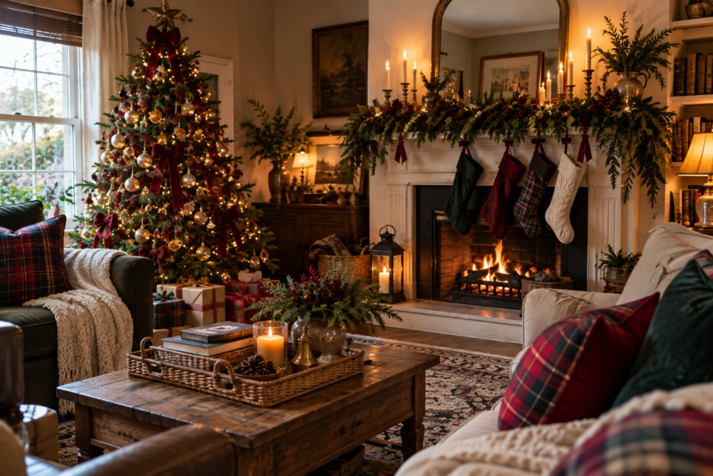 Beautiful living room with Ralph Lauren-inspired Christmas decor