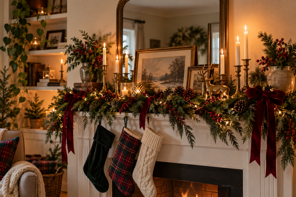 Ralph Lauren-inspired Christmas decor on a fire mantlepiece
