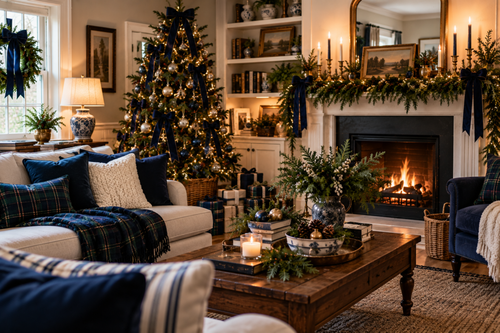 Navy Christmas decor in a beautiful living room
