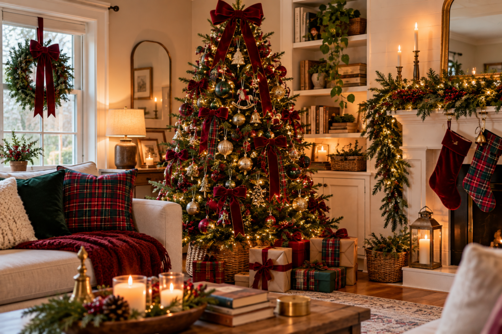 Beautiful living room with Ralph Lauren-inspired Christmas decor