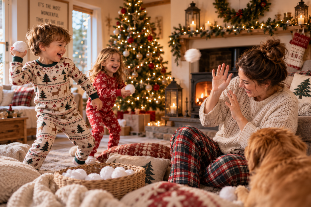 Children having a pretend snowball fight with their mother in a living room