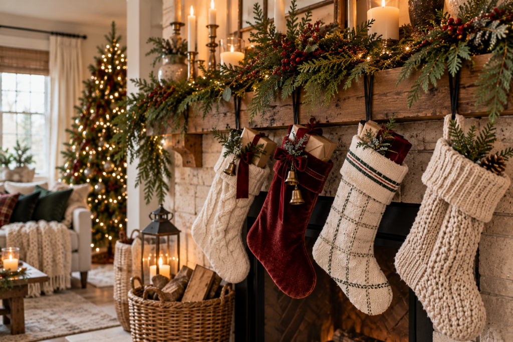 Christmas stockings hanging on a mantlepiece