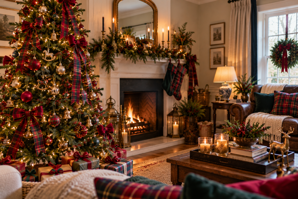 Tartan decor on a Christmas tree in a beautiful living room