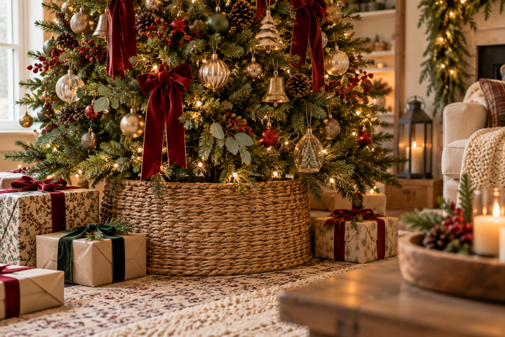 Wicker tree skirt on a Christmas tree