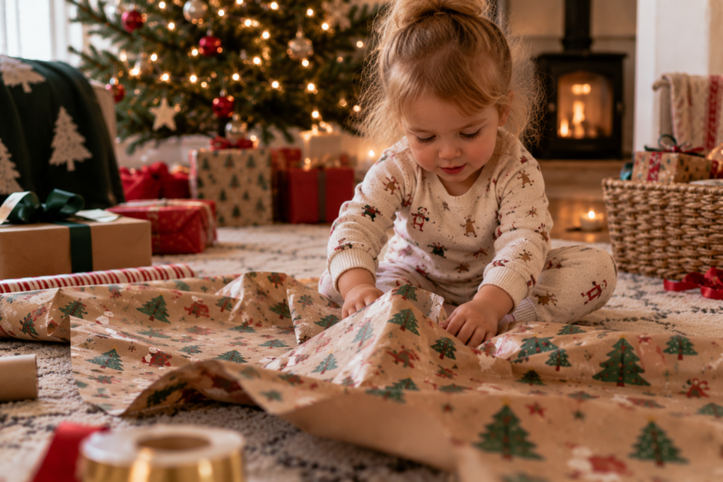 Toddler girl playing with Christmas wrapping paper