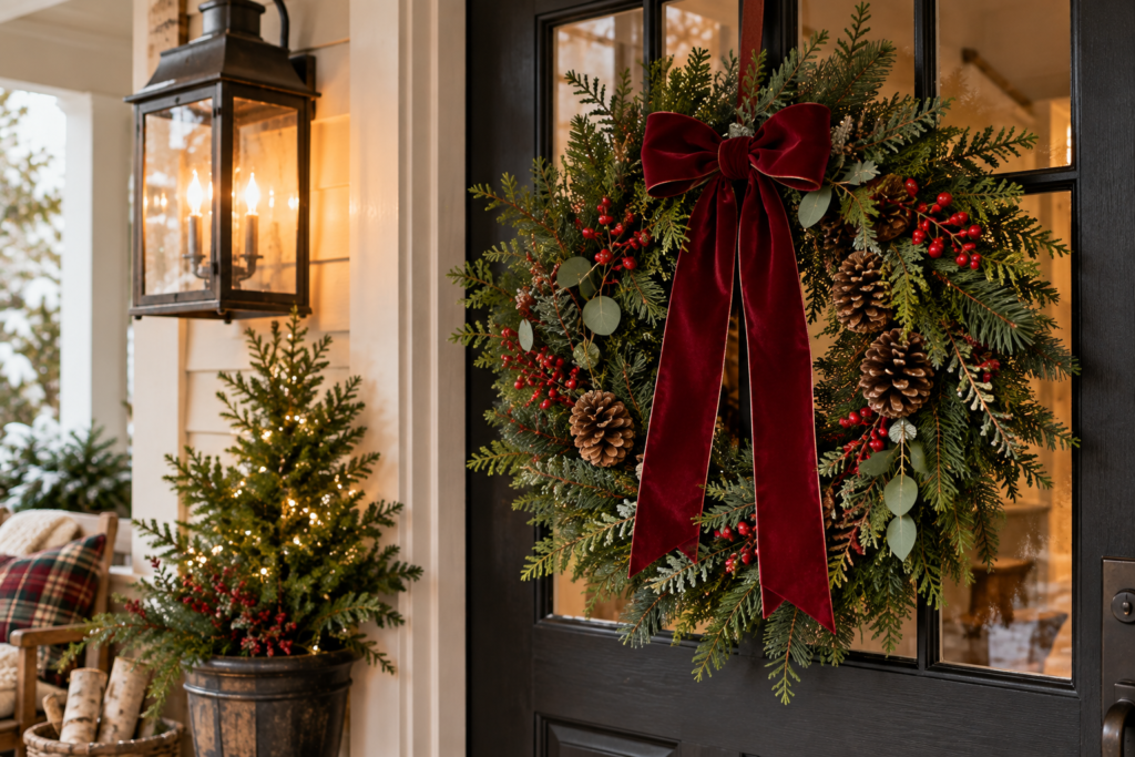 Christmas wreath hanging on a black front door