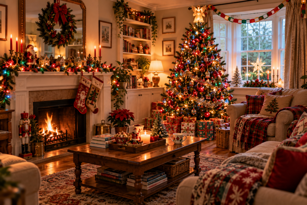 Beautiful living room decorated in 90s style Christmas decorations