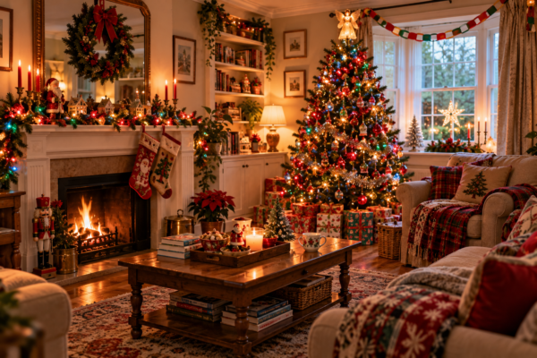Beautiful living room decorated in 90s style Christmas decorations