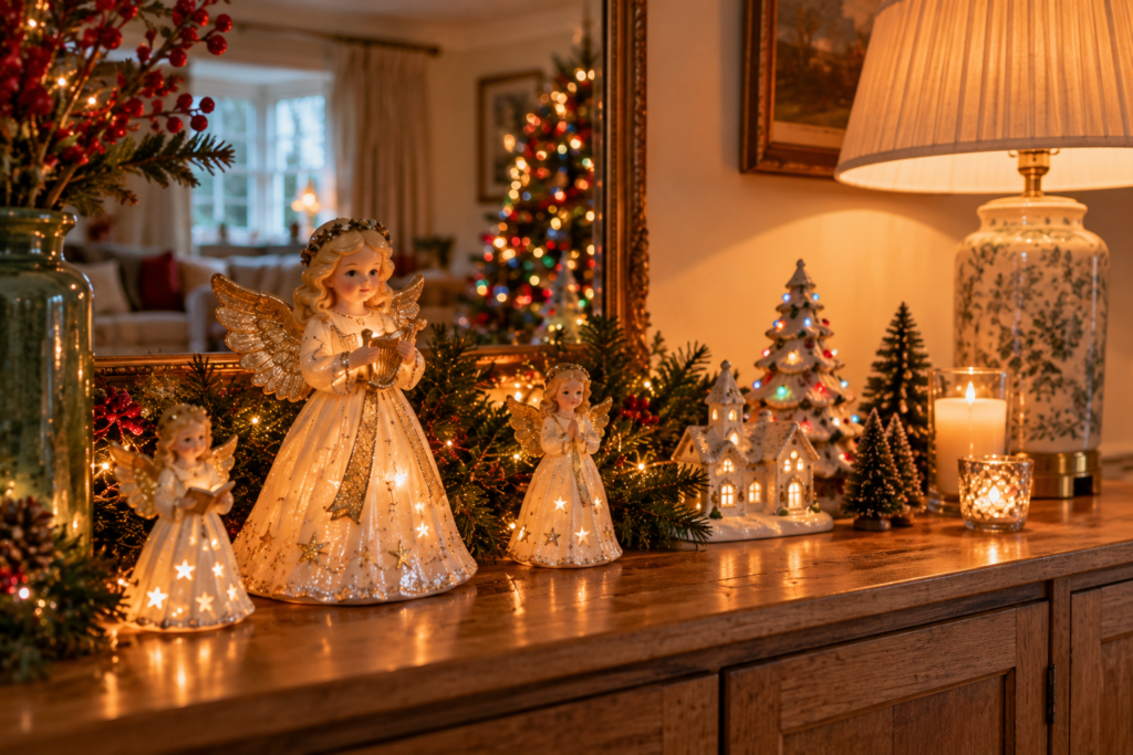 Angel figures on a console table at Christmas time