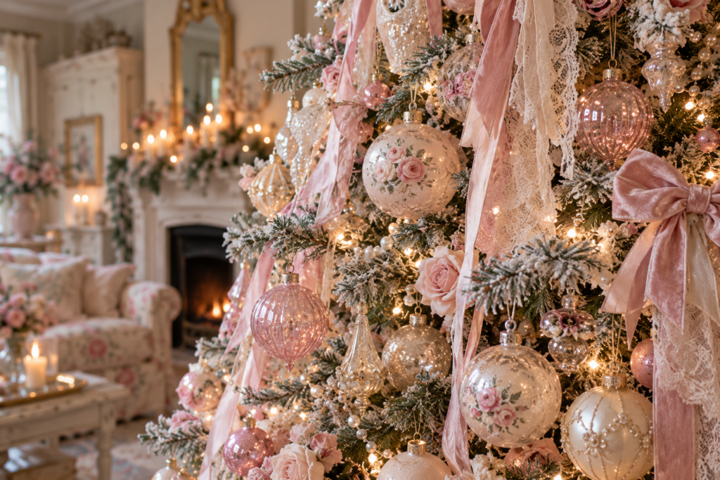 Beautiful baubles on a shabby chic-inspired Christmas tree