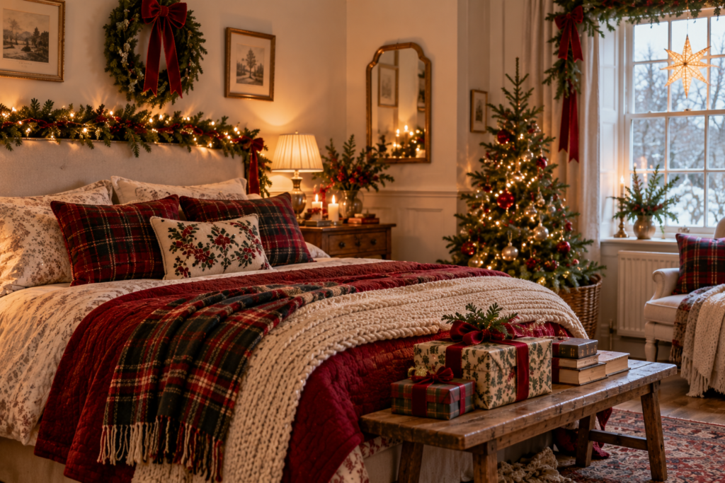 Bedroom decorated in a traditional style for Christmas