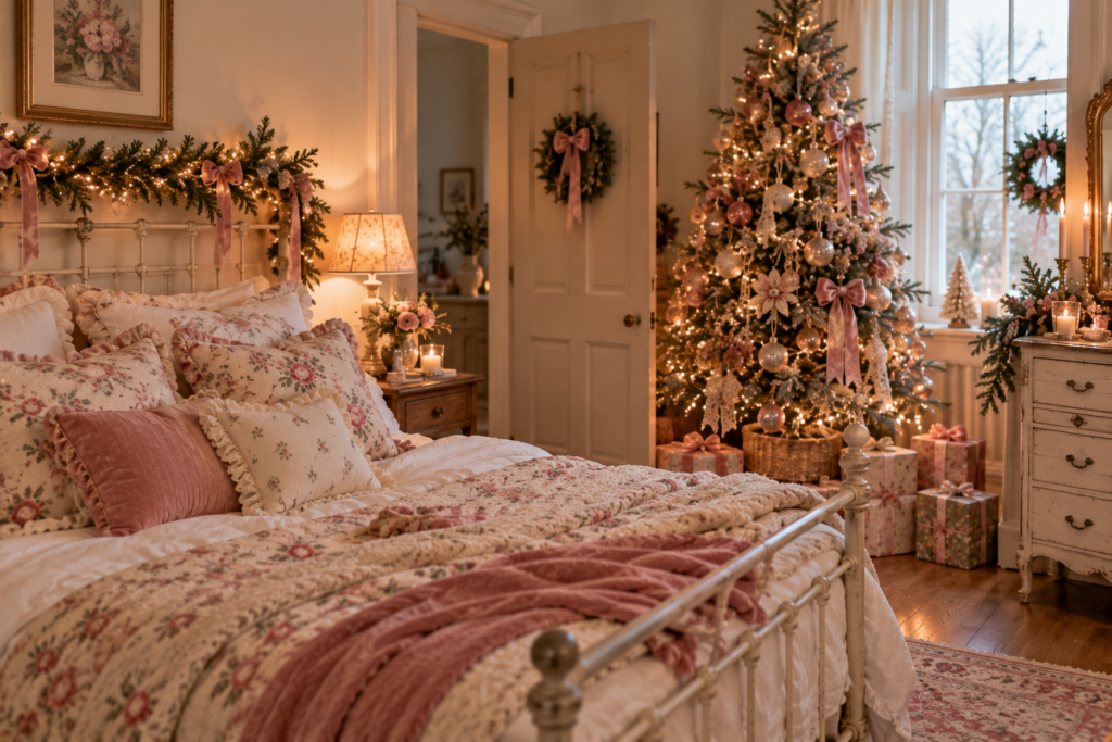 Shabby chic-inspired bedroom at Christmas time