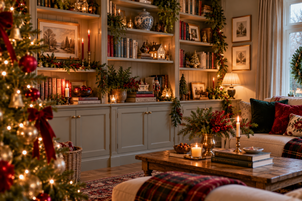 Bookshelves in a modern living room decorated for Christmas