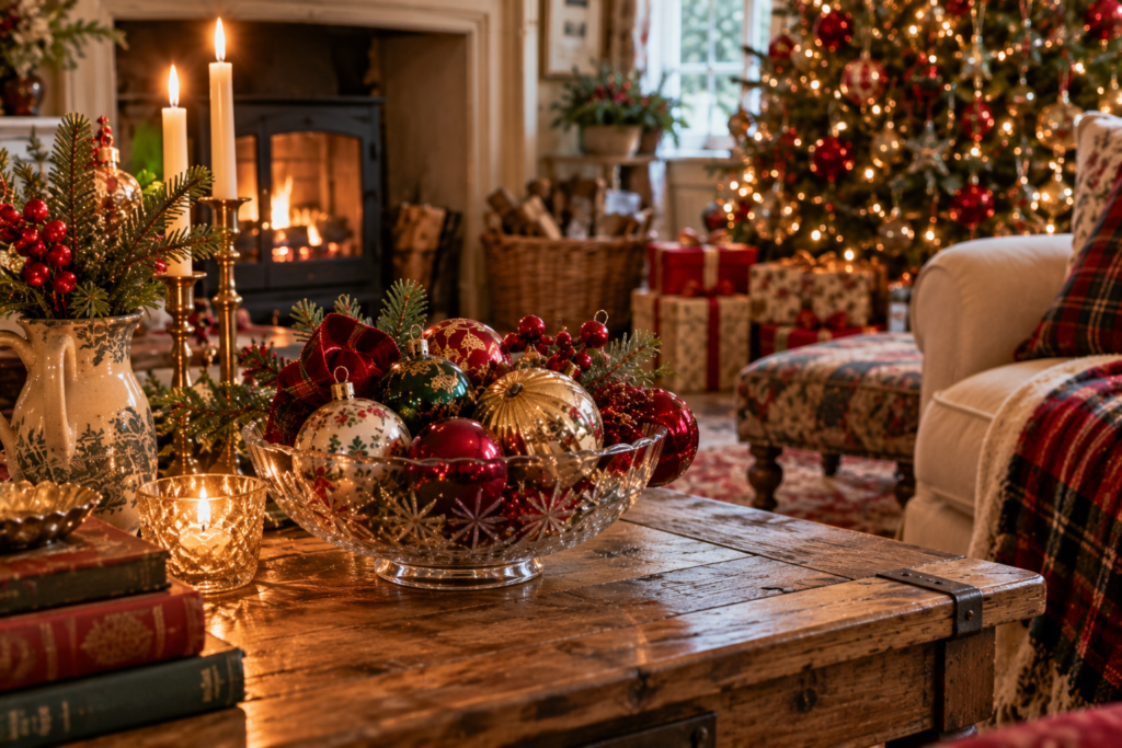 Glass bowl on a coffee table filled with Christmas ornaments